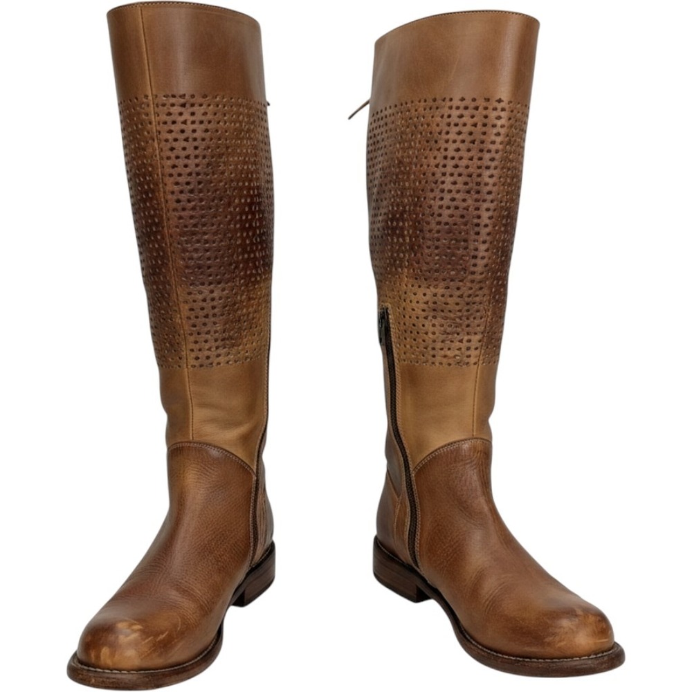 Bed Stu Glaye Tall Leather Boots 9.5 Tan Perforated Corset Lace Up Distressed